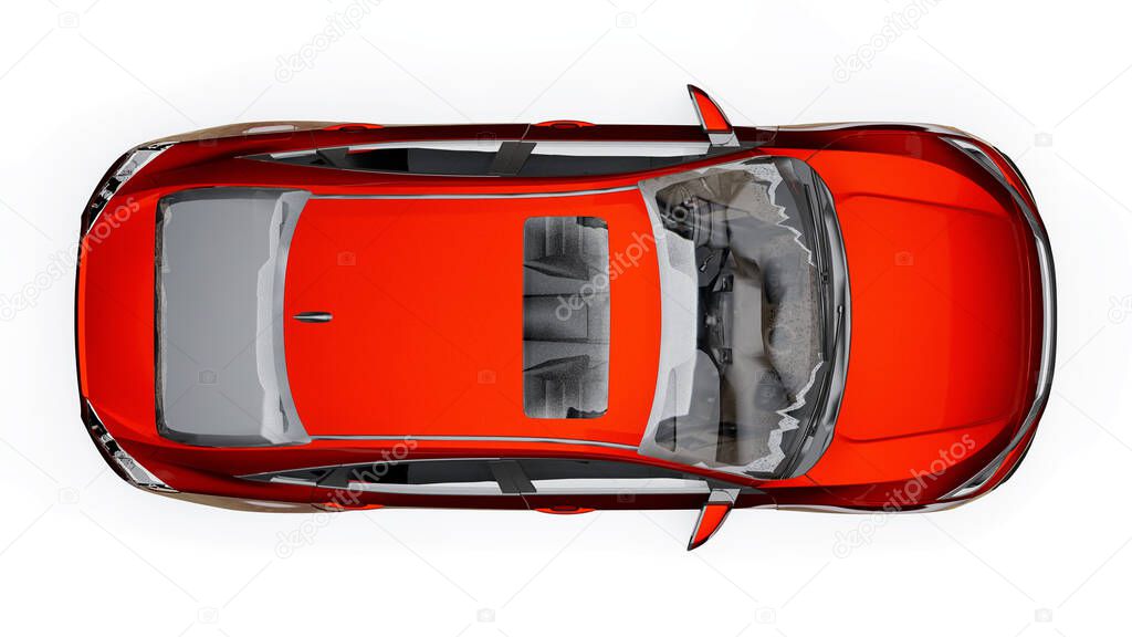 Red mid-size urban family sedan on a white uniform background. 3d rendering