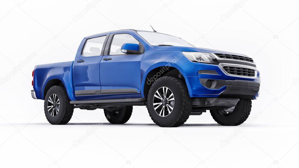 Blue pickup car on a white background. 3d rendering