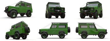 Zor rotalar ve seferler için yeşil, eski, küçük bir SUV ayarlayın. 3d oluşturma