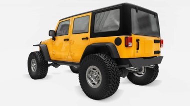 Güçlü sarı arazi araçları dağlarda, bataklıklarda, çöllerde ve engebeli arazilerde keşif yapmak için ayarlandı. Büyük tekerlekler, dik engeller için kaldırma süspansiyonu. 3d oluşturma