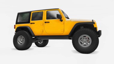 Powerful yellow tuned SUV for expeditions in mountains, swamps, desert and any rough terrain. Big wheels, lift suspension for steep obstacles. 3d rendering clipart