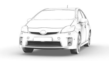 Melez aile arabasının üç boyutlu modeli beyaz arka planda kalem çizimi. 3d oluşturma