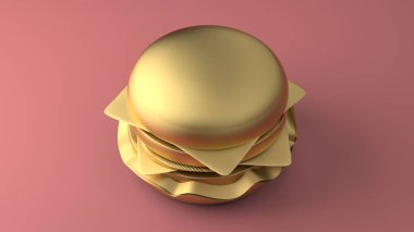 Pembe arka planda en az 3D altın çizburger. 3d oluşturma