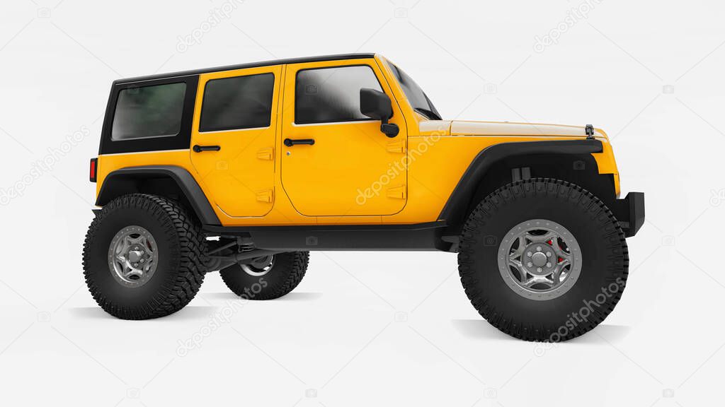 Powerful yellow tuned SUV for expeditions in mountains, swamps, desert and any rough terrain. Big wheels, lift suspension for steep obstacles. 3d rendering