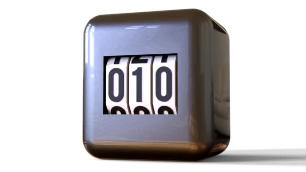Σκούρο γκρι ρολόι με λευκούς δίσκους και μαύρα γράμματα. Το μέτρημα είναι από το μηδέν ως το εκατό. Ο μετρητής με τη μορφή ενός λαμπρού, γυαλιστερού κύβου με στρογγυλεμένες γωνίες. Η αναλογική αναπαράσταση του — Αρχείο Βίντεο