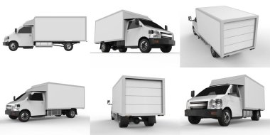 Küçük beyaz bir kamyon ayarla. Araba teslimat servisi. Perakende satış mağazalarına mal ve ürün teslimatı. 3d oluşturma