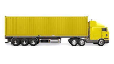 Uyuyan kısmı ve aerodinamik uzantısı olan büyük bir retro sarı kamyon içinde deniz kabı olan bir römork taşır. 3d oluşturma