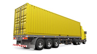 Uyuyan kısmı ve aerodinamik uzantısı olan büyük bir retro sarı kamyon içinde deniz kabı olan bir römork taşır. 3d oluşturma