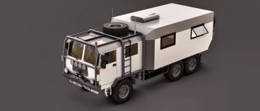 Gri arka planda büyük beyaz bir kamyon, uzak bir bölgede uzun ve zorlu seferler için hazırlandı. Tekerlekli evi olan bir kamyon. 3d illüstrasyon.