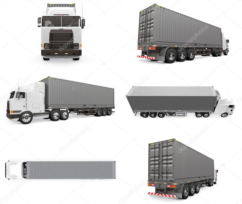 Set large retro white truck with a sleeping part and an aerodynamic extension carries a trailer with a sea container. 3d rendering