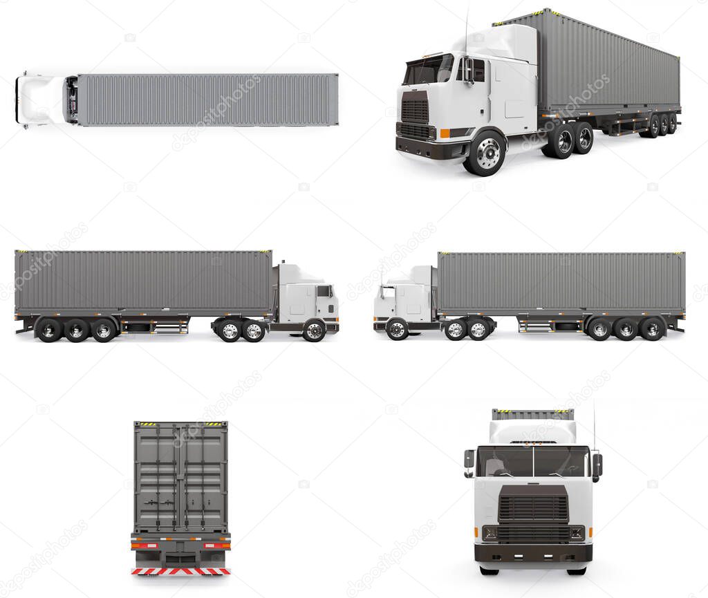 Set large retro white truck with a sleeping part and an aerodynamic extension carries a trailer with a sea container. 3d rendering