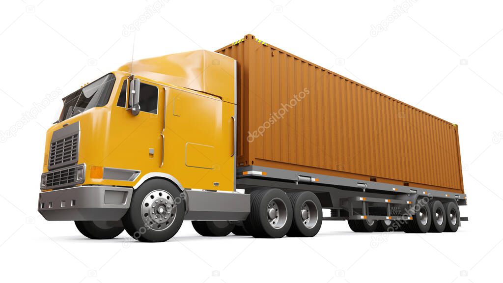 A large retro orange truck with a sleeping part and an aerodynamic extension carries a trailer with a sea container. 3d rendering