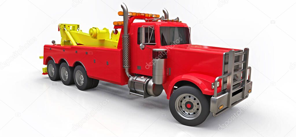 Red cargo tow truck to transport other big trucks or various heavy machinery. 3d rendering