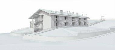 Küçük bir kasaba ya da kırsal bölge için daire. Küçük bir otel, misafirler için garajı olan bir otel. Beyaz arka planda bir apartmanın dış cephesi. 3d oluşturma