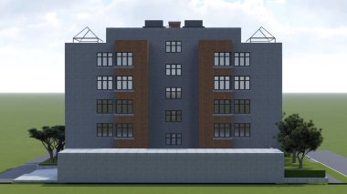 Kapalı alanı, garajı ve yüzme havuzu olan küçük işlevsel bir bina. Sıcak havalarda dinlenmek için şemsiyeli bir alan. Küçük bulutlarla dolu güneşli bir yaz günü. 3d oluşturma