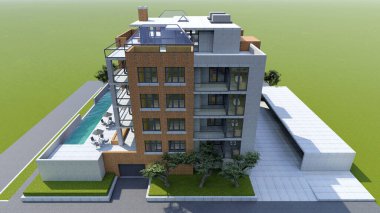 Kapalı alanı, garajı ve yüzme havuzu olan küçük işlevsel bir bina. Sıcak havalarda dinlenmek için şemsiyeli bir alan. Küçük bulutlarla dolu güneşli bir yaz günü. 3d oluşturma