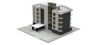 Asansörü ve garajı olan küçük gri bir apartman dairesi. 3d oluşturma