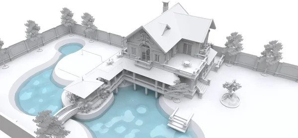 有花园 游泳池和网球场的大型亚式别墅 建筑和区域呈等高线 阴影柔和而分散 3D说明 — 图库照片