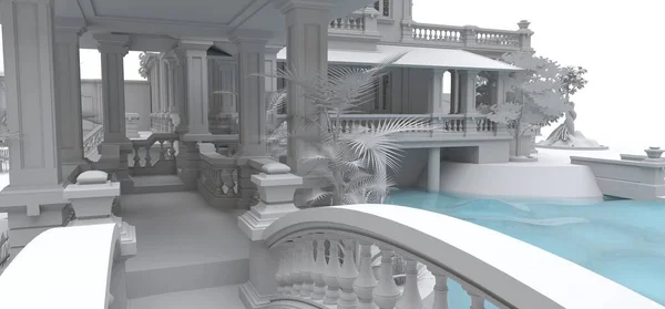 Nagy Ázsiai Stílusú Villa Kerttel Medencével Teniszpályával Épület Terület Kontúr — Stock Fotó