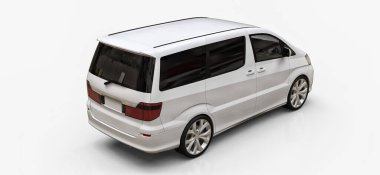 İnsanların taşınması için beyaz, küçük bir minivan. Parlak beyaz bir arka planda üç boyutlu illüstrasyon. 3d oluşturma