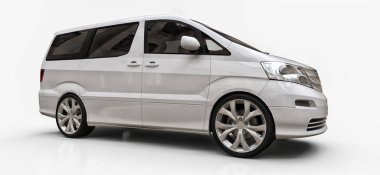 İnsanların taşınması için beyaz, küçük bir minivan. Parlak beyaz bir arka planda üç boyutlu illüstrasyon. 3d oluşturma