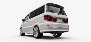 İnsanların taşınması için beyaz, küçük bir minivan. Parlak beyaz bir arka planda üç boyutlu illüstrasyon. 3d oluşturma