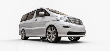 İnsanların taşınması için beyaz, küçük bir minivan. Parlak beyaz bir arka planda üç boyutlu illüstrasyon. 3d oluşturma