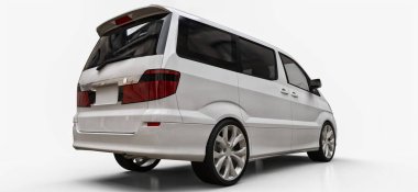 İnsanların taşınması için beyaz, küçük bir minivan. Parlak beyaz bir arka planda üç boyutlu illüstrasyon. 3d oluşturma