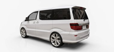 İnsanların taşınması için beyaz, küçük bir minivan. Parlak beyaz bir arka planda üç boyutlu illüstrasyon. 3d oluşturma