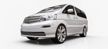 İnsanların taşınması için beyaz, küçük bir minivan. Parlak beyaz bir arka planda üç boyutlu illüstrasyon. 3d oluşturma