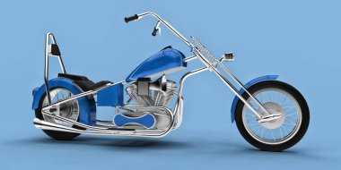 Açık mavi arka planda izole edilmiş mavi klasik motosiklet. 3d rendring