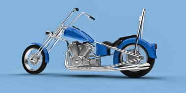 Açık mavi arka planda izole edilmiş mavi klasik motosiklet. 3d rendring