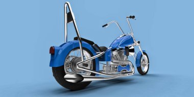 Açık mavi arka planda izole edilmiş mavi klasik motosiklet. 3d rendring