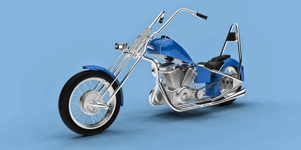 Motocicleta Personalizada Clássica Azul Isolada Fundo Azul Claro Renderização — Fotografia de Stock