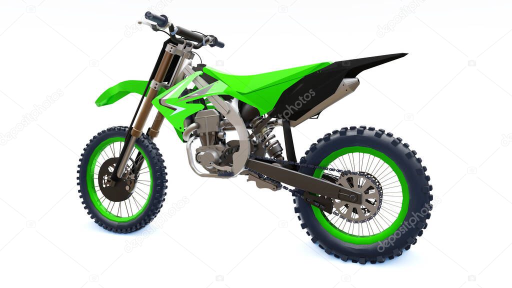 Green and black sport bike for cross-country on a white background. Racing Sportbike. Modern Supercross Motocross Dirt Bike. 3D Rendering