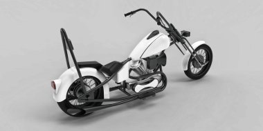 Açık gri arka planda izole edilmiş beyaz ve siyah klasik motosiklet. 3d rendring