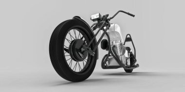 Açık gri arka planda izole edilmiş beyaz ve siyah klasik motosiklet. 3d rendring