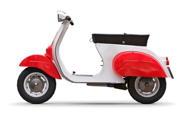 Beyaz arka planda klasik Avrupa kırmızı ve beyaz moped 'i. 3d oluşturma