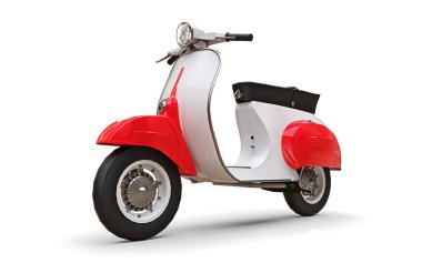 Beyaz arka planda klasik Avrupa kırmızı ve beyaz moped 'i. 3d oluşturma