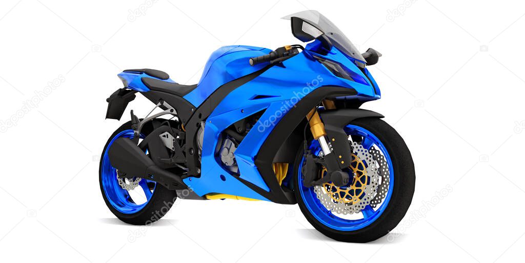 3d blue super sports motorbike on white isolated background. 3d illustration