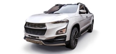 Beyaz izole edilmiş arka planda beyaz konsept kargo kamyonetinin üç boyutlu çizimi. 3d oluşturma