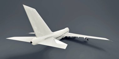 Uzun okyanus ötesi uçuşlar için büyük kapasiteli yolcu uçakları. Gri izole edilmiş arka planda beyaz uçak. 3d illüstrasyon