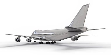 Uzun okyanus ötesi uçuşlar için büyük kapasiteli yolcu uçakları. Beyaz arka planda beyaz bir uçak. 3d illüstrasyon