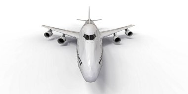 Uzun okyanus ötesi uçuşlar için büyük kapasiteli yolcu uçakları. Beyaz arka planda beyaz bir uçak. 3d illüstrasyon