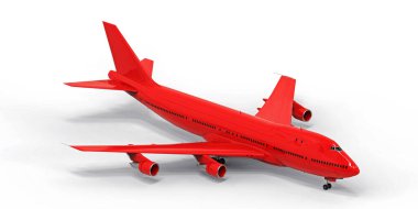 Uzun okyanus ötesi uçuşlar için büyük kapasiteli yolcu uçakları. Beyaz arka planda kırmızı uçak. 3d illüstrasyon