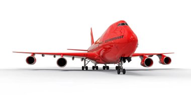 Uzun okyanus ötesi uçuşlar için büyük kapasiteli yolcu uçakları. Beyaz arka planda kırmızı uçak. 3d illüstrasyon