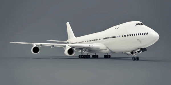用于跨大西洋长途飞行的载客量大的大型客机 灰色背景下的白色飞机 3D说明 — 图库照片