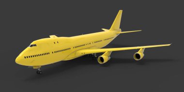 Uzun okyanus ötesi uçuşlar için büyük kapasiteli yolcu uçakları. Gri izole arka planda sarı bir uçak. 3d illüstrasyon