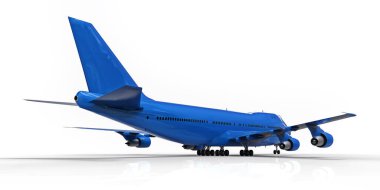 Uzun okyanus ötesi uçuşlar için büyük kapasiteli yolcu uçakları. Beyaz izole edilmiş arka planda mavi uçak. 3d illüstrasyon