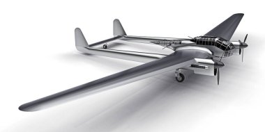 İkinci Dünya Savaşı bombardıman uçağının üç boyutlu modeli. Parlak alüminyum gövdeli, iki kuyruklu ve geniş kanatlı. Turbopervane motoru. Beyaz arka planda parlak gri bir uçak. 3d illüstrasyon